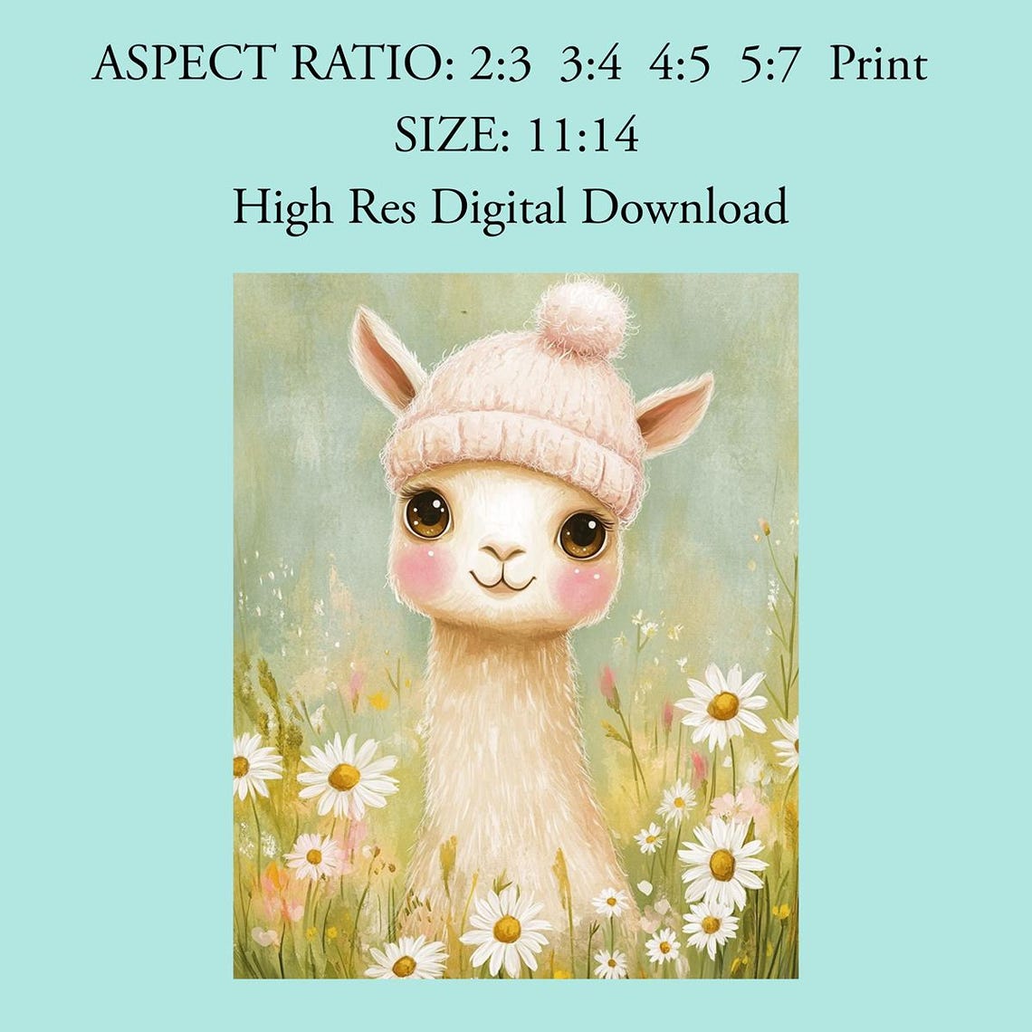 Cute Llama In Pink Knit Hat Among Daisies Nursery Decor Poster - Image 4