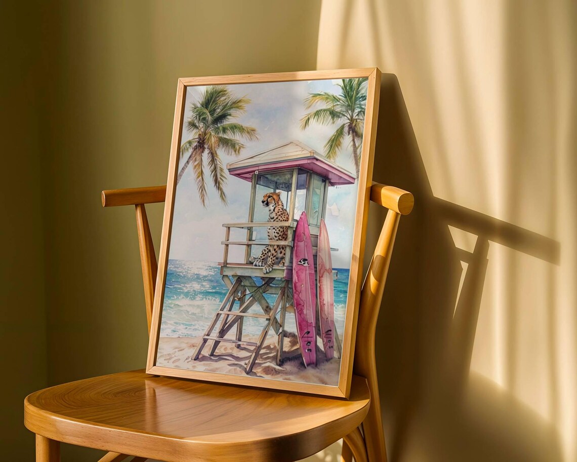 Cheetah Lifeguard Beach Art Print, Tropical Surfing Painting - Image 2