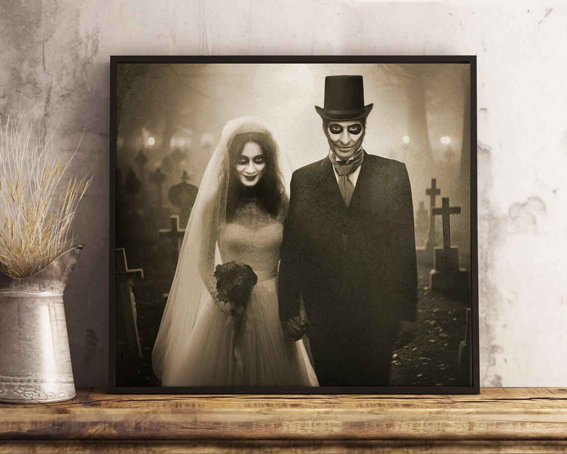 Custom Skeleton Couple Halloween Portrait Graveyard Sepia Art Poster