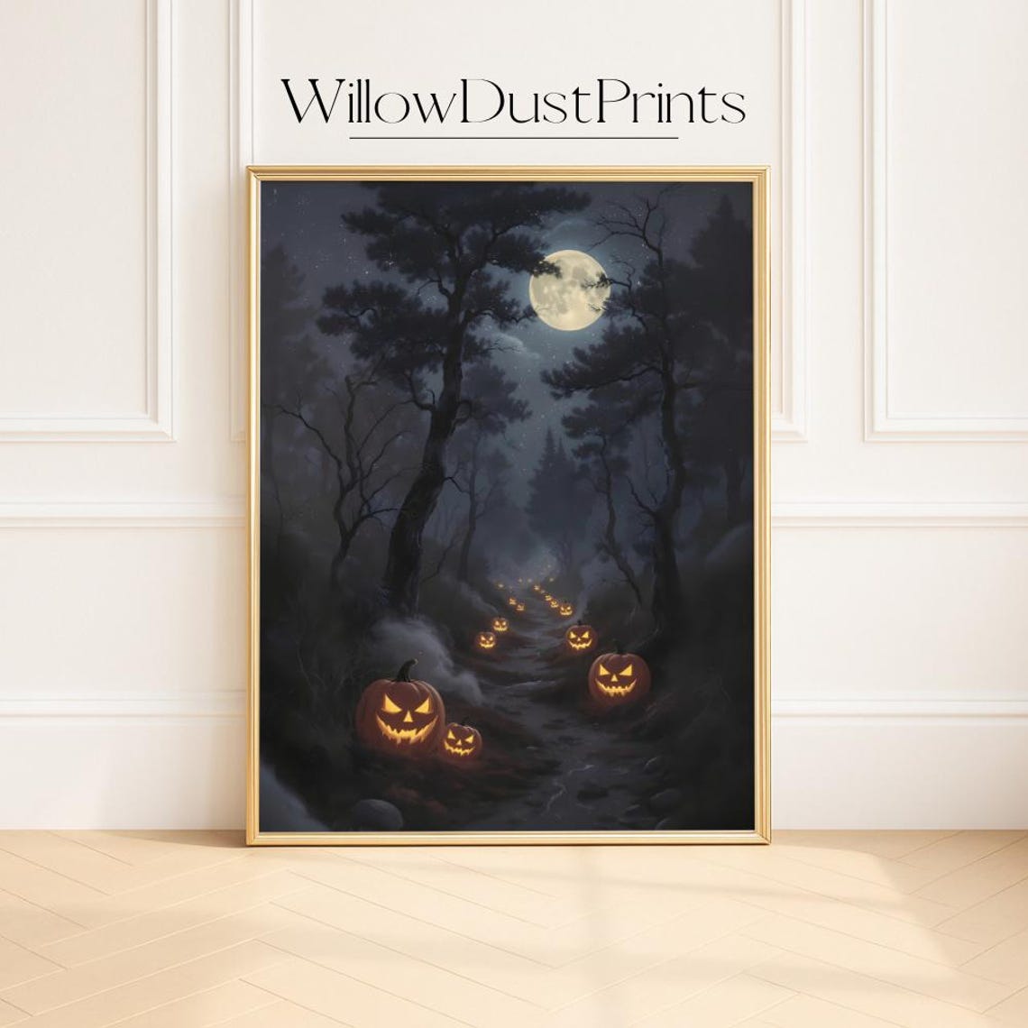 Spooky Haunted Halloween Forest Path Jack O Lanterns Moon Poster
