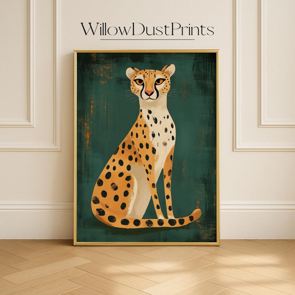Front View Cheetah Sitting Spotted Wild Cat Deep Green Nursery Poster