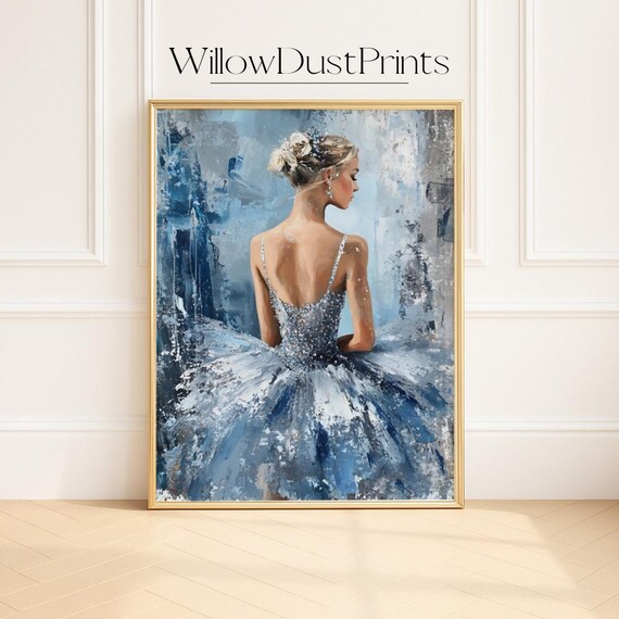 Icy Blue Ballerina Oil Painting Sparkling Gown From Behind Dance Poster