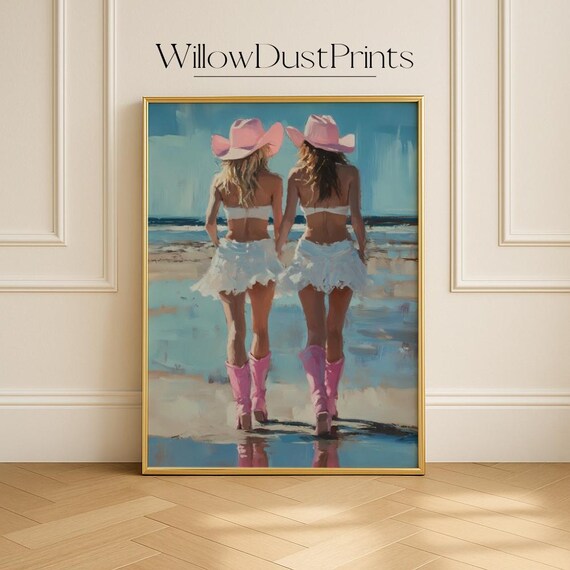 Two Cowgirls Beach Pink Cowboy Boots Hats Coastal Western Poster