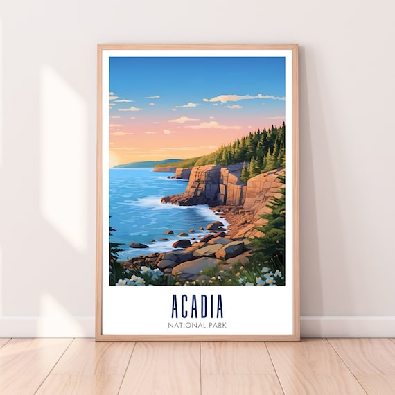 Acadia National Park Rocky Coast Sunset Ocean Wave Travel Poster