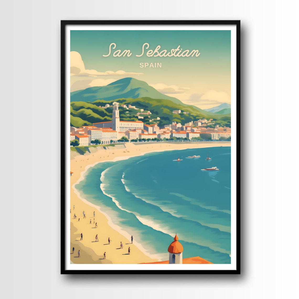 San Sebastian Spain Golden Beach Bay Promenade Summer Travel Poster