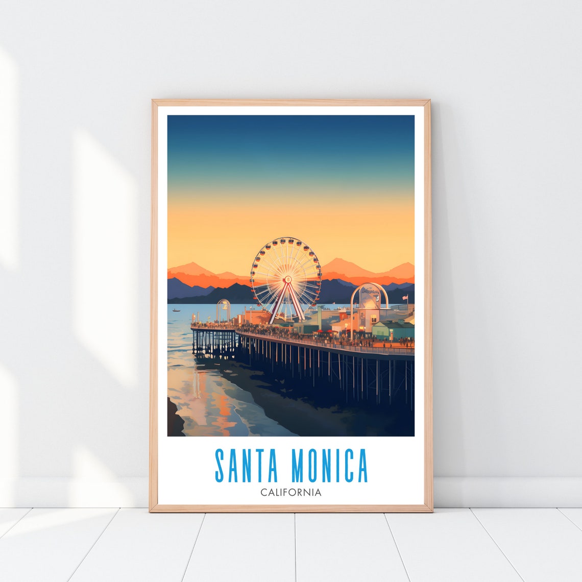 Santa Monica California Sunset Pier Ferris Wheel Retro Travel Poster - Image 2