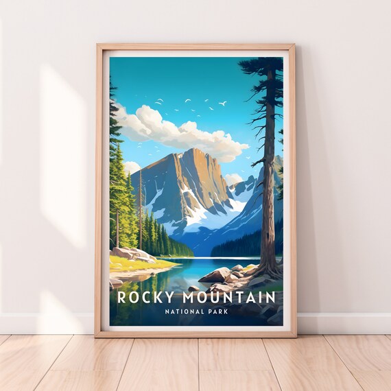 Rocky Mountain National Park Snow Peak Reflection Lake Vintage Travel Poster