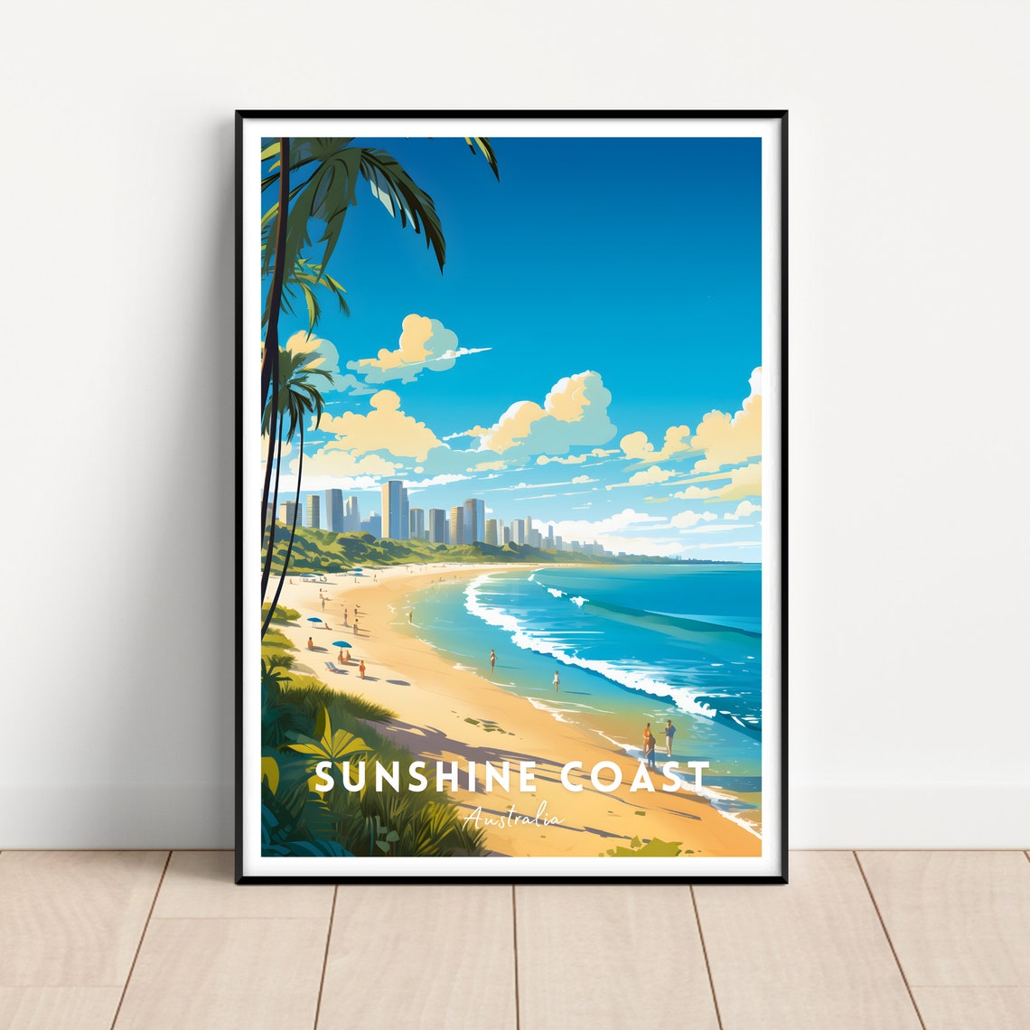 Sunshine Coast Australia Golden Beach Palms Retro Travel Poster