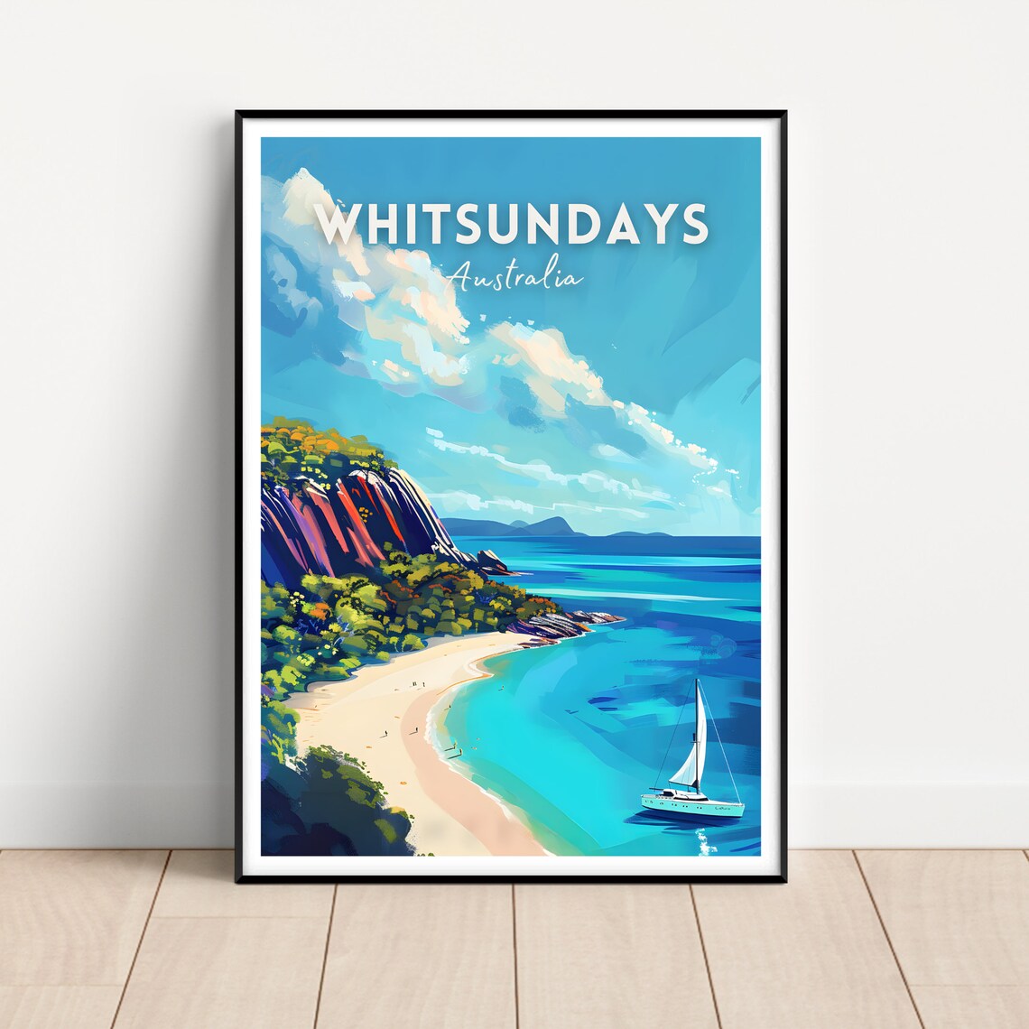 Whitsundays Australia Sunny Sailboat Beach Tropical Travel Poster