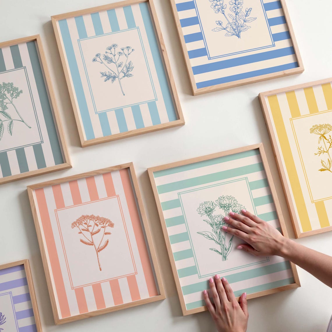 Pastel Striped Botanical Gallery Wall Set Floral Decor Art Print