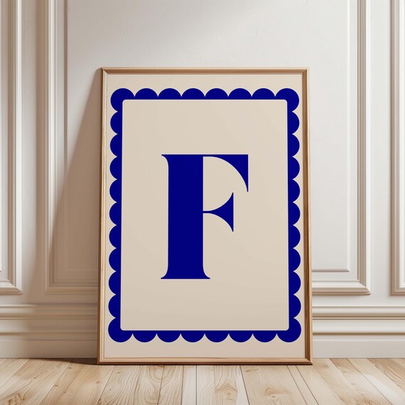 Personalized Letter F Navy Scalloped Border Custom Monogram Wall Art