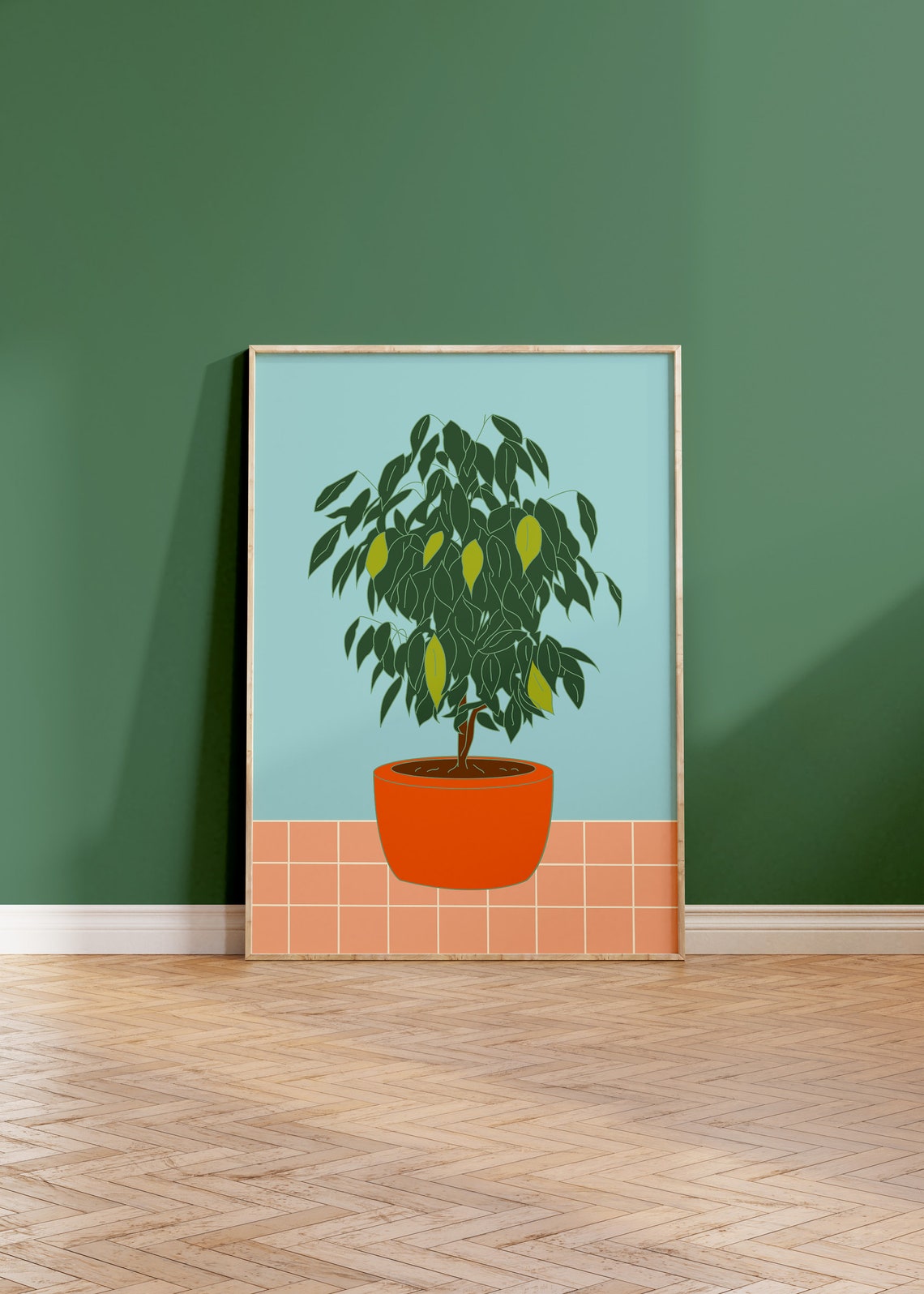 Potted Lemon Tree Orange Pot Aqua Background Modern Decor Poster