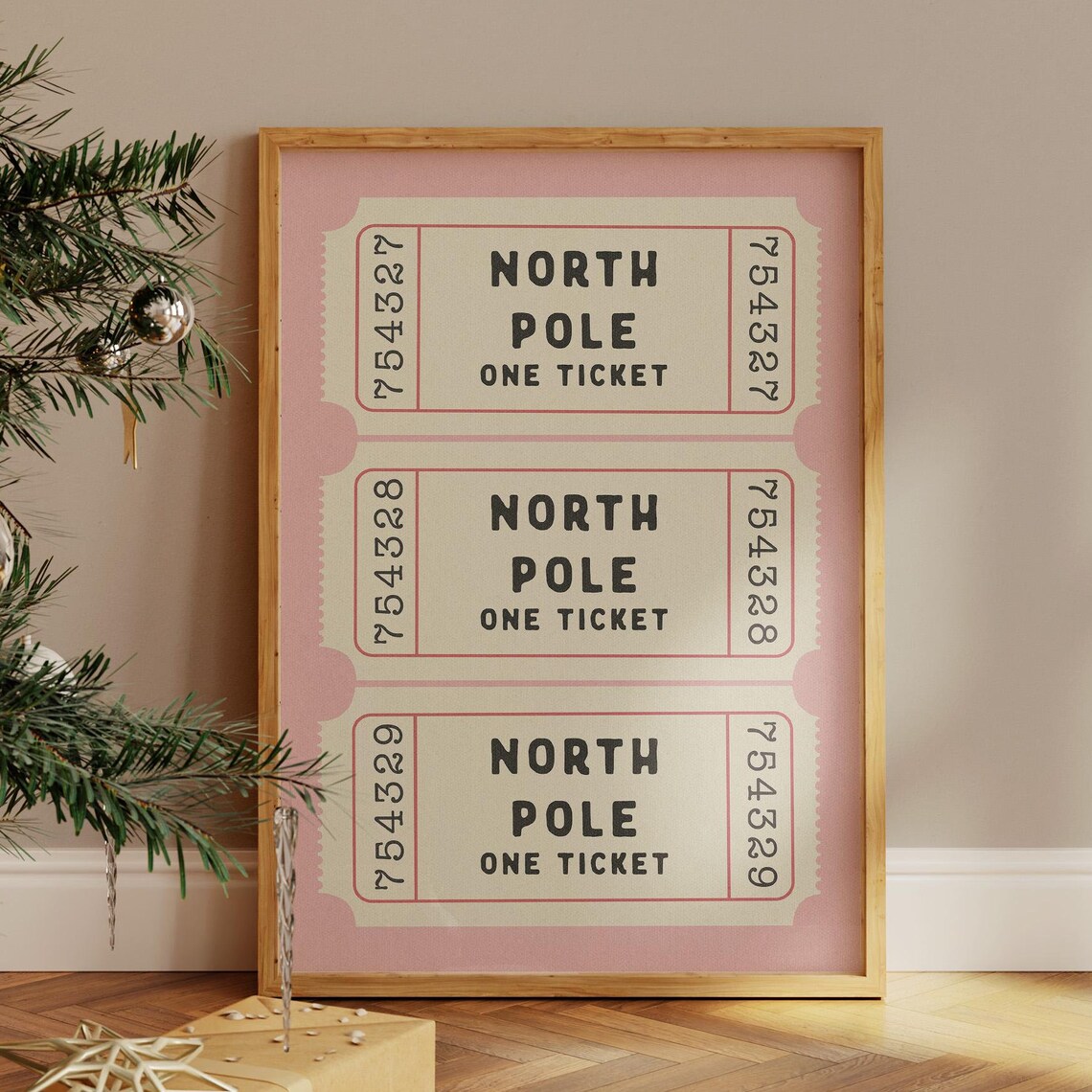 North Pole Ticket Christmas Holiday Poster, Festive Decor