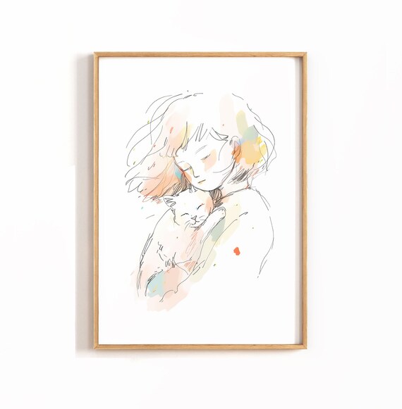 Girl Hugging White Cat Watercolor Sketch Pet Lover Nursery Poster