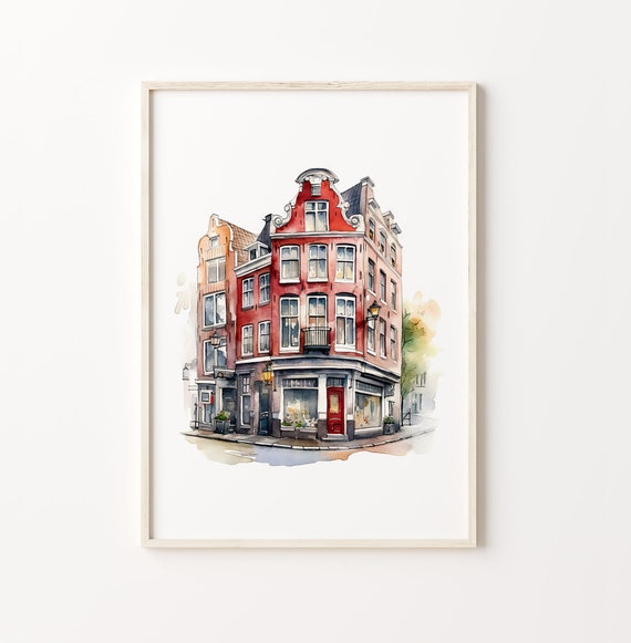 Cute Famous Colored Building Watercolor Painting Art High Detail White Background Urban Architecture