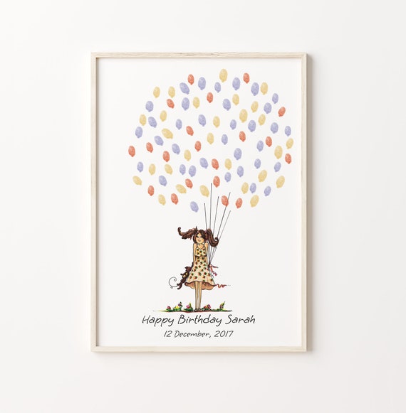Baby Girl Guest Book, Birthday Fingerprint Balloon Art Print