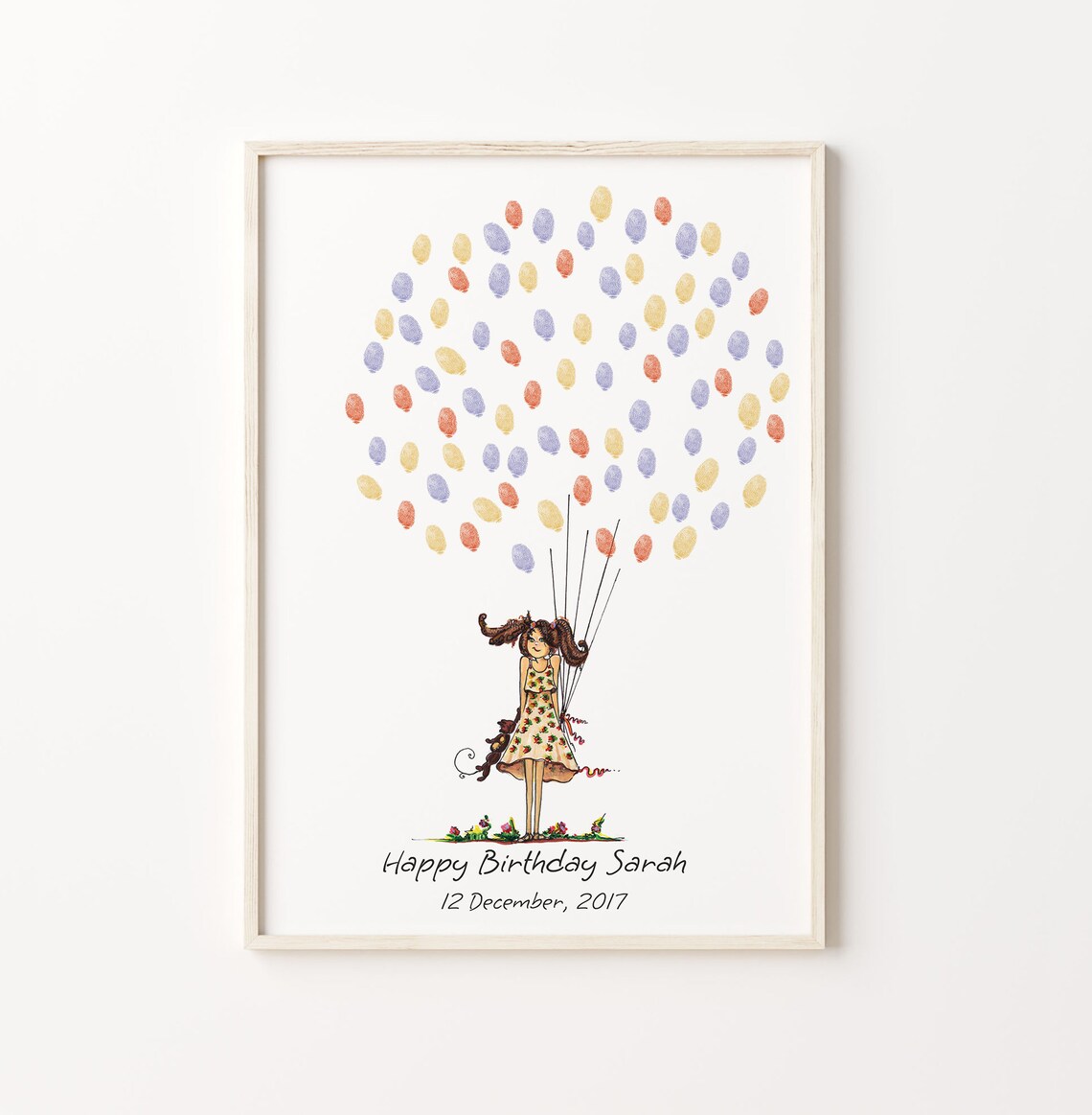 Baby Girl Guest Book, Birthday Fingerprint Balloon Art Print