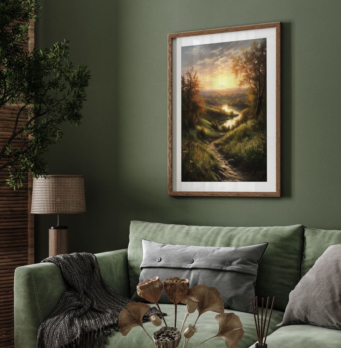 A Window To Serenity Art Realistic Landscape Painting Sunlit Fields Forest And Tranquil River Instant - Image 3