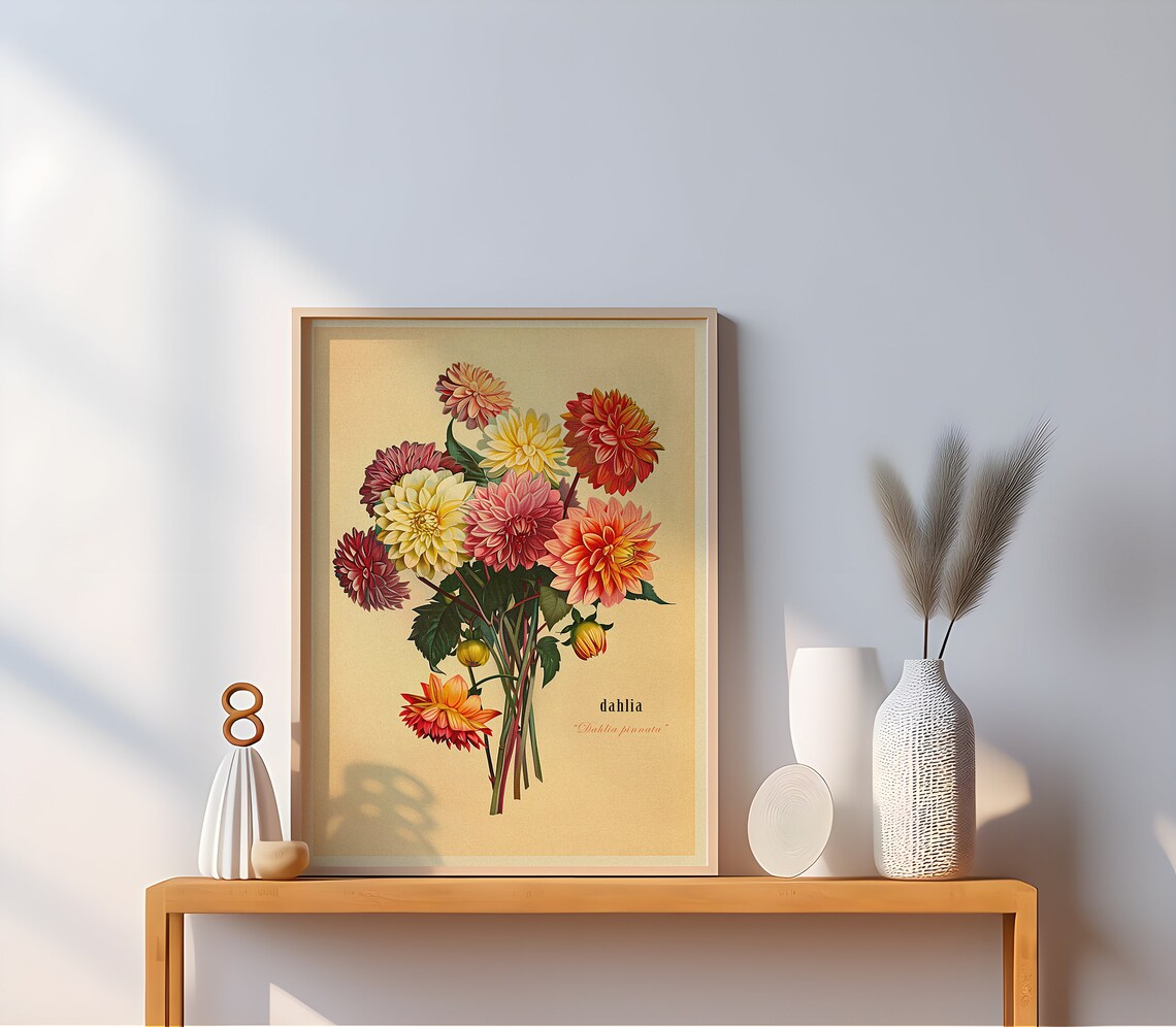 Vintage Bouquet Of Dahlias, Botanical Art Print - Image 2