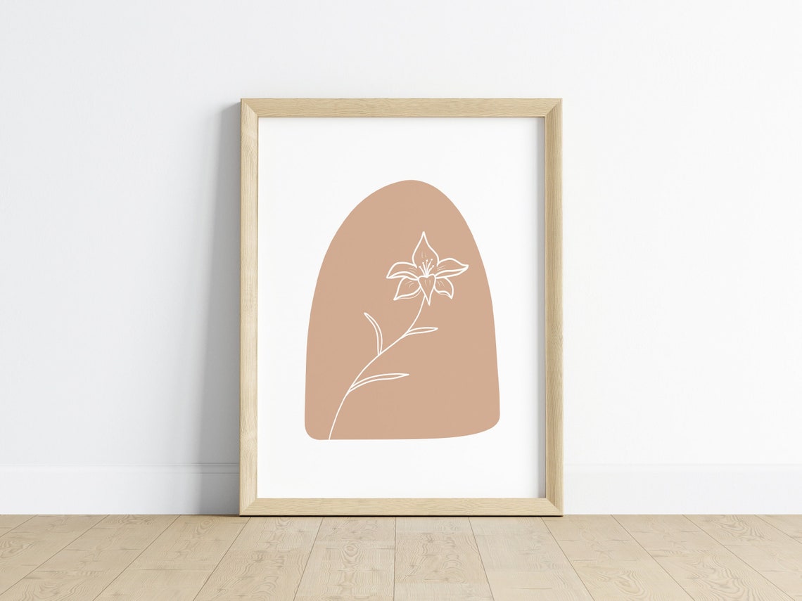 Boho Beige Arch White Line Lily Flower Minimalist Wall Art Decor