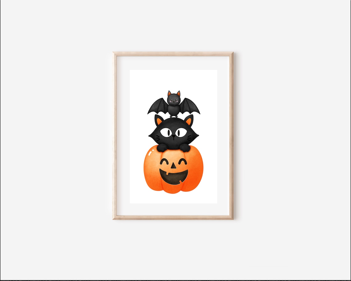 Cute Halloween Black Cat On Pumpkin With Bat Kids Nursery Wall Art - Image 4