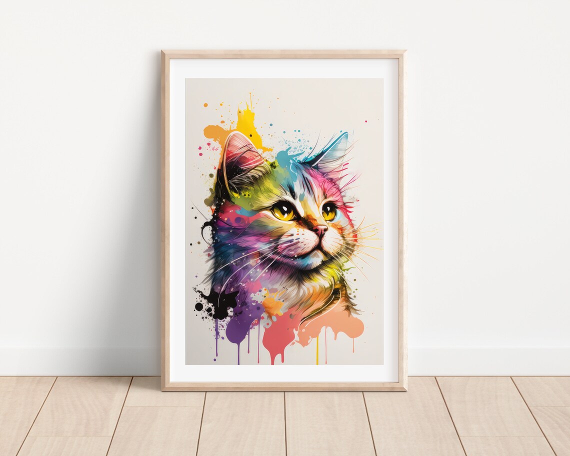 Rainbow Splash Watercolor Cat Portrait Colorful Modern Pet Decor Print