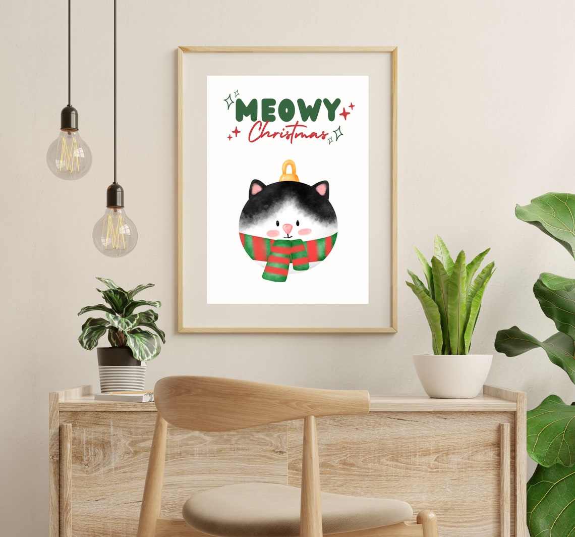 Cute Meowy Christmas Cat, Holiday Wall Art Print - Image 3