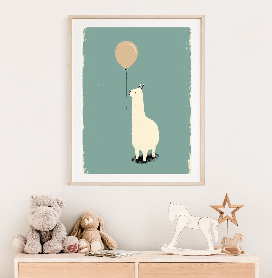 Minimalist Llama Holding Balloon Teal Background Nursery Animal Wall Art - Image 3