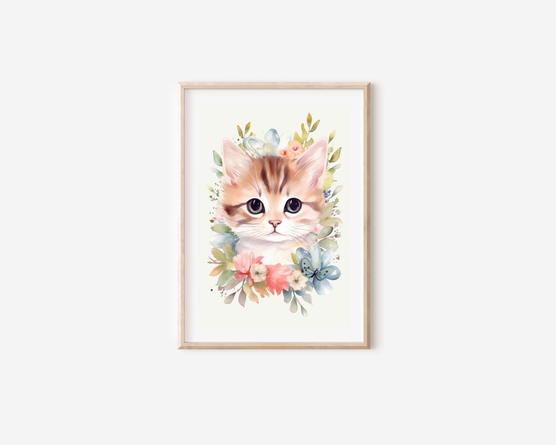 Cute Tabby Kitten Watercolor Floral Wreath Nursery Baby Room Wall Print - Image 4