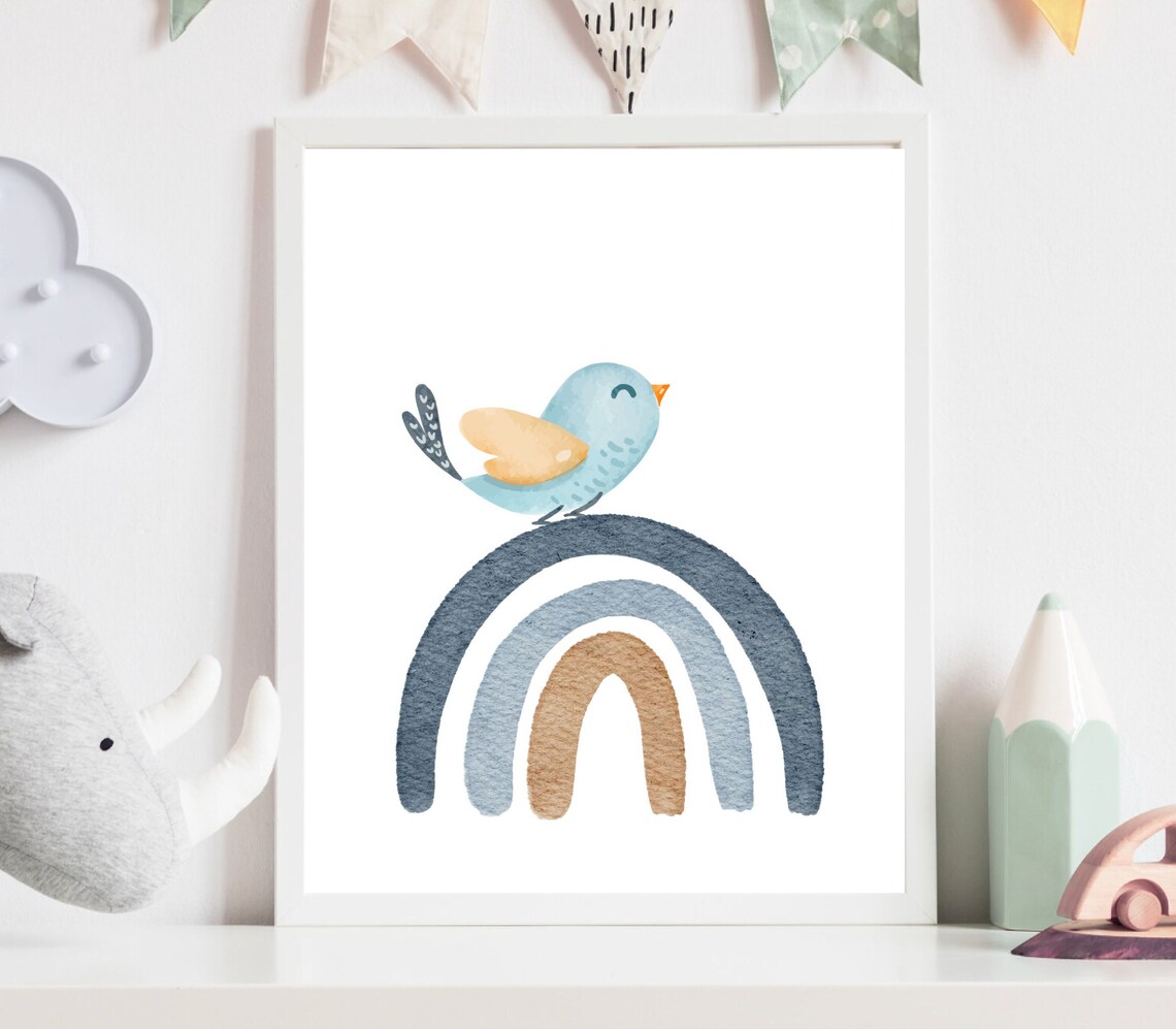 Cute Little Bird and Rainbow Nursery Art Print - Image 2