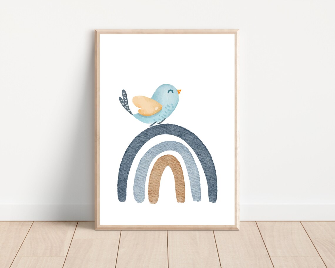 Cute Little Bird and Rainbow Nursery Art Print