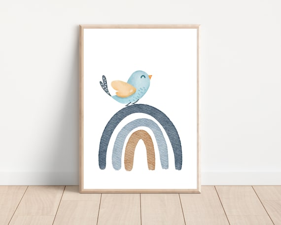 Cute Little Bird and Rainbow Nursery Art Print