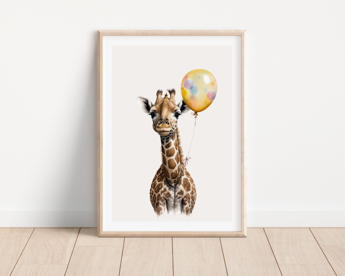 Baby Giraffe Holding Colorful Balloon Nursery Watercolor Safari Wall Art