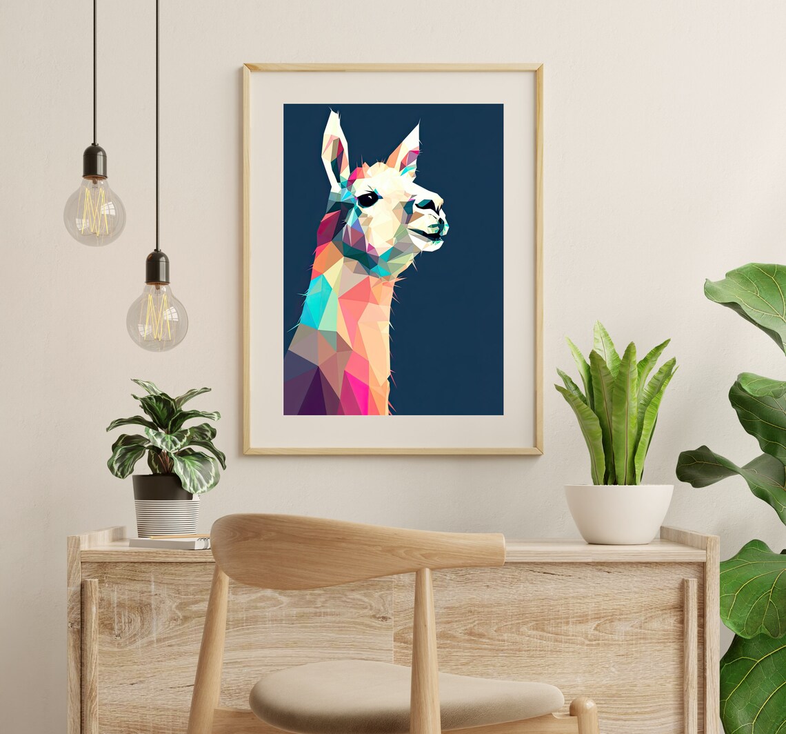 Colorful Geometric Low Poly Llama Portrait Navy Background Print - Image 2