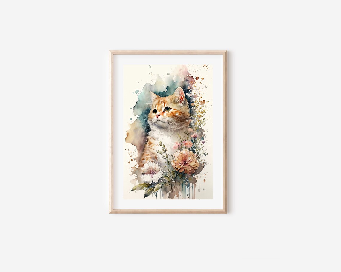 Watercolor Orange Tabby Cat With Floral Botanical Nursery Wall Art - Image 4