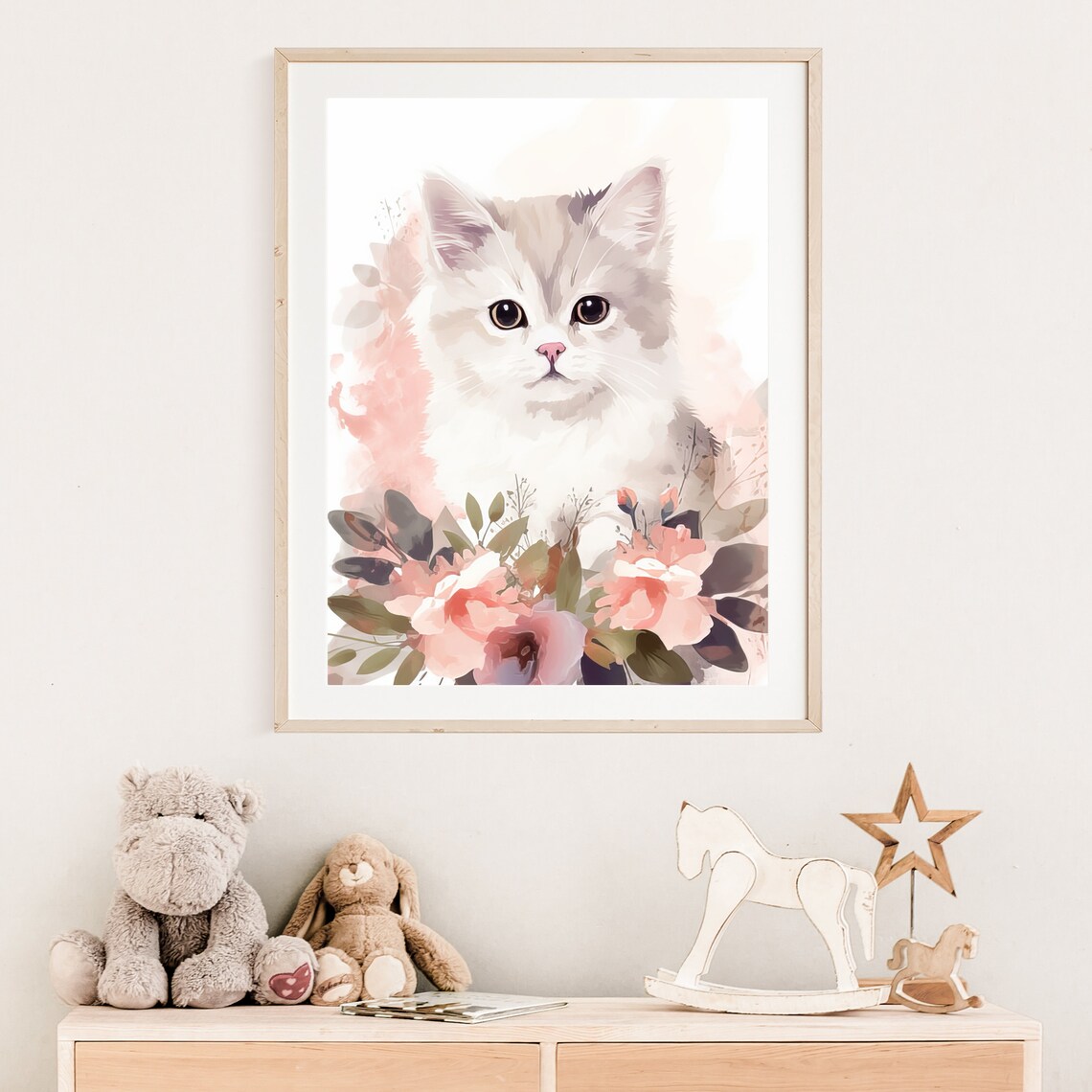Watercolor White Kitten With Pink Flowers Boho Nursery Cat Wall Art - Image 3