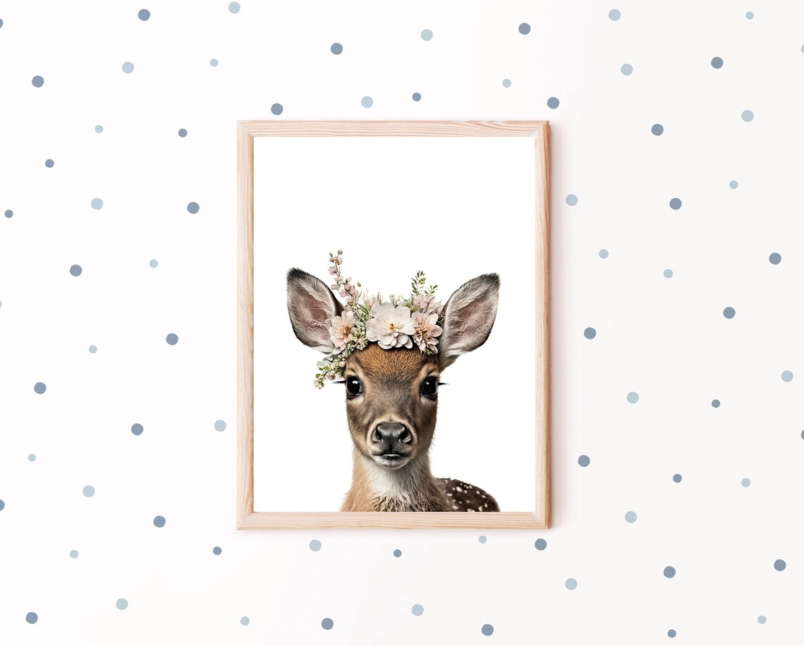 Baby Deer Fawn Flower Crown Woodland Nursery Nature Photo Wall Poster - Image 2