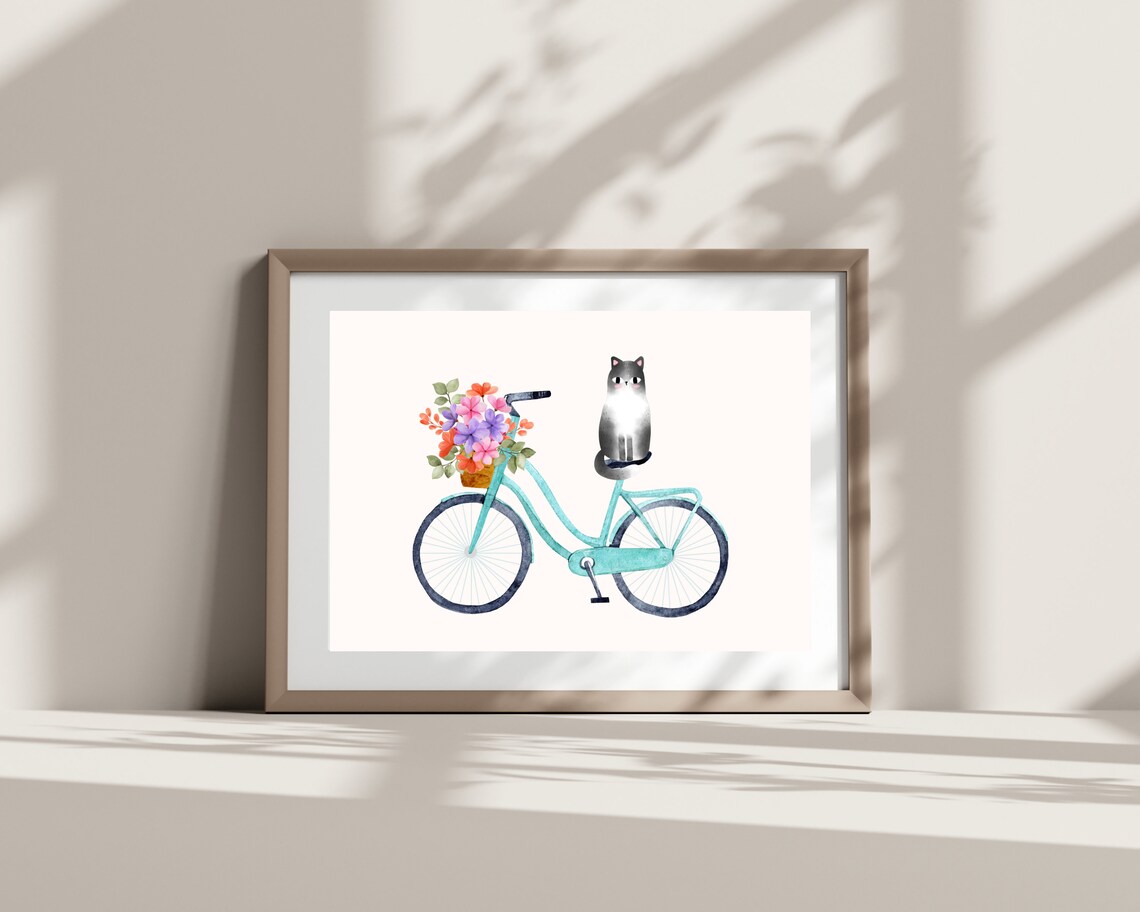 Boho Cat On Bike, Floral Watercolor Art Print - Image 2