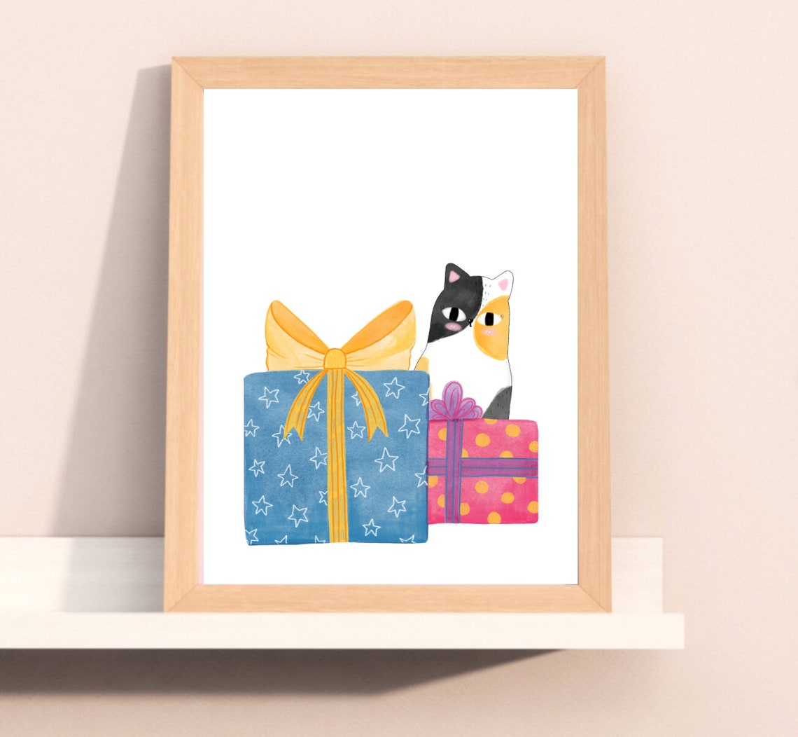 Peekaboo Christmas Cat With Gifts Holiday Art Print - Image 2