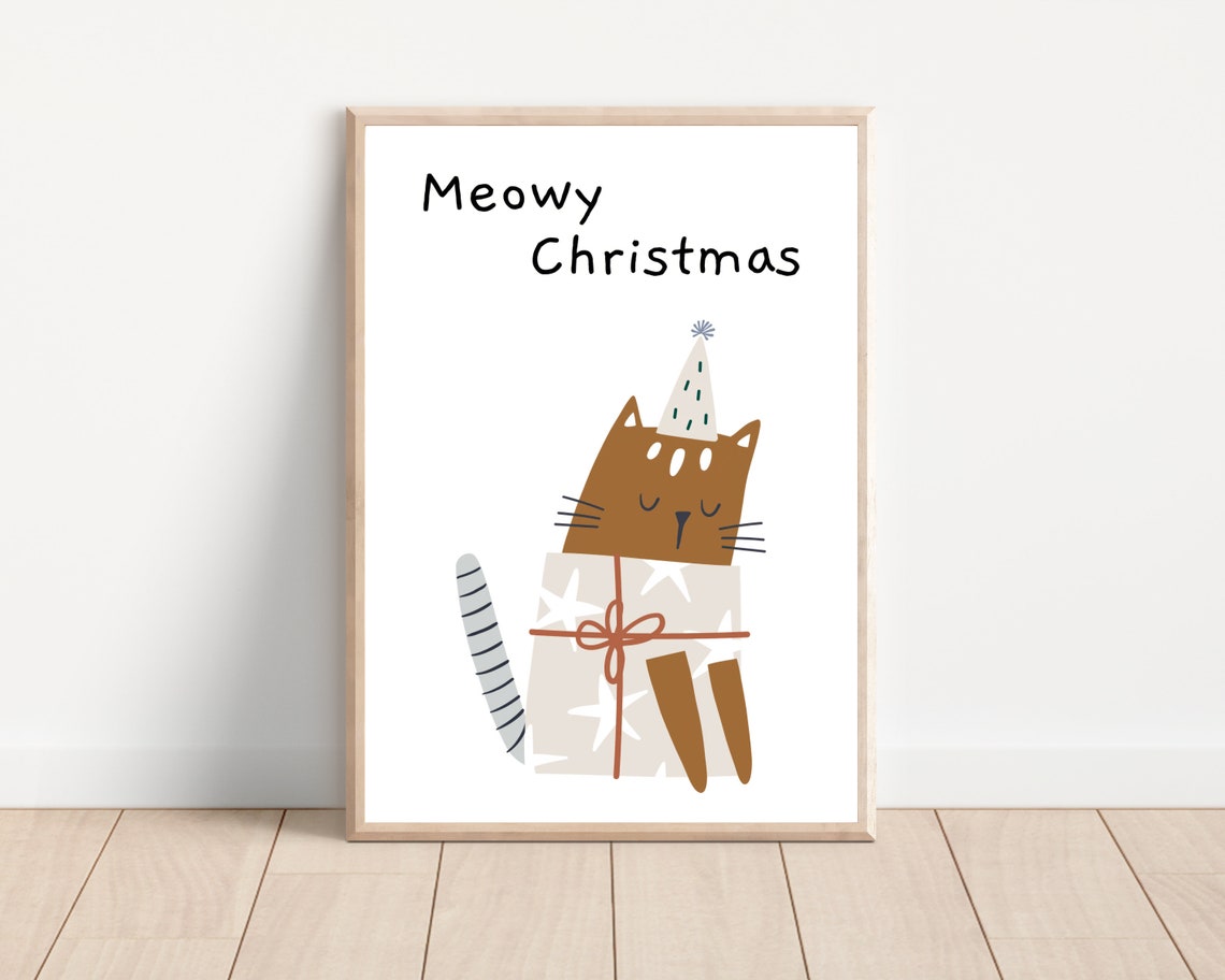 Meowy Christmas Cat Poster, Holiday Kid Room Decor
