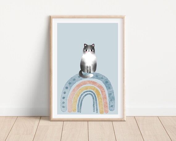 Boho Boy Nursery Cat Print, Blue Rainbow Poster
