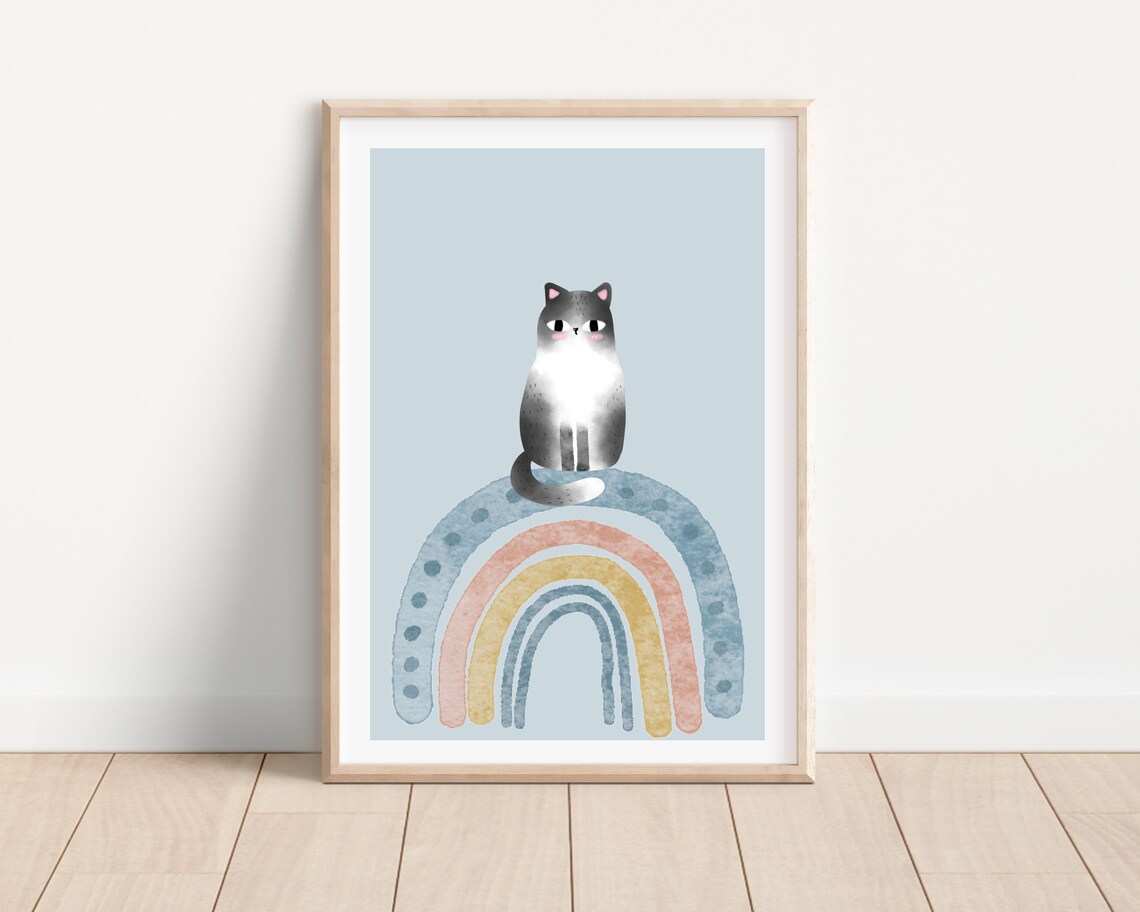 Boho Boy Nursery Cat Print, Blue Rainbow Poster