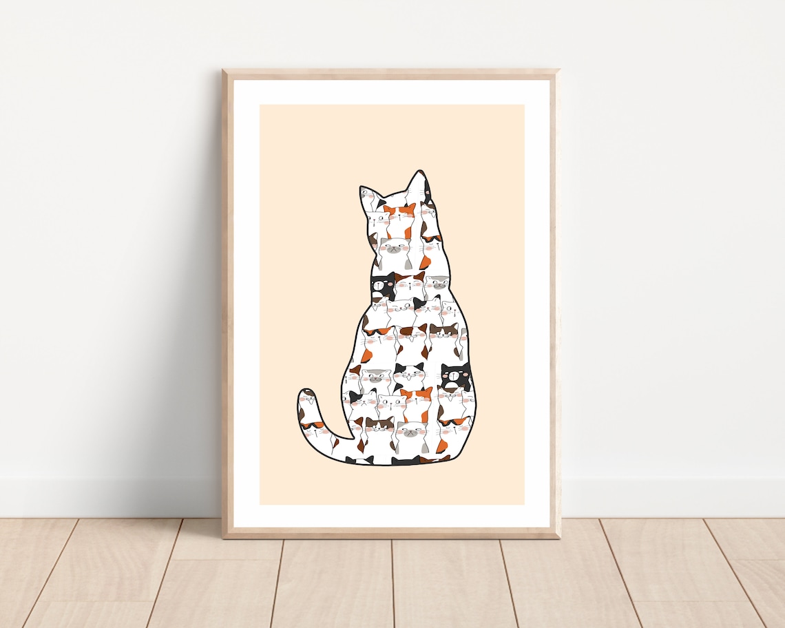 Funny Cat Silhouette Made Of Tiny Kittens Minimalist Peach Wall Art