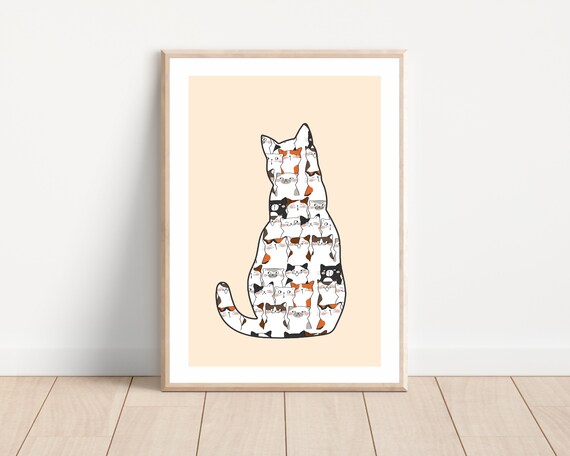 Funny Cat Silhouette Made Of Tiny Kittens Minimalist Peach Wall Art