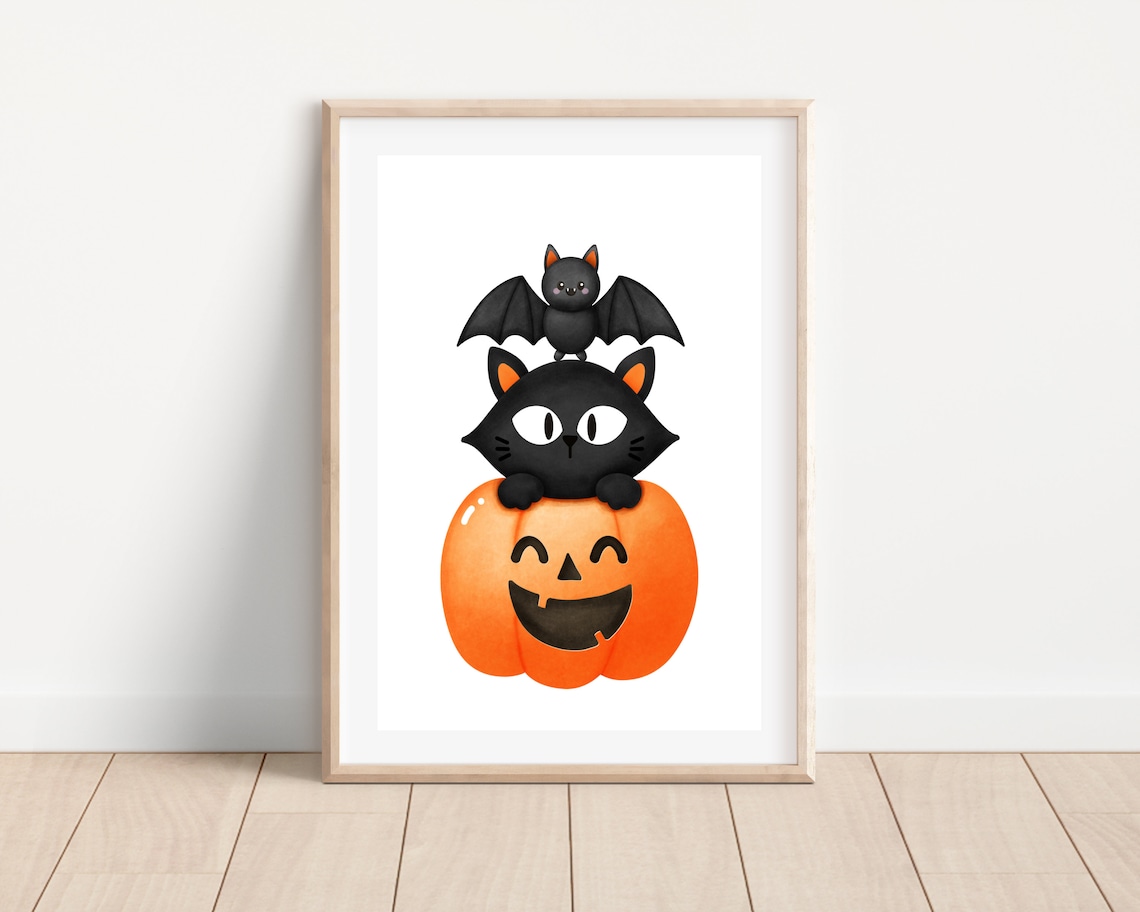 Cute Halloween Black Cat On Pumpkin With Bat Kids Nursery Wall Art