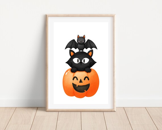 Cute Halloween Black Cat On Pumpkin With Bat Kids Nursery Wall Art