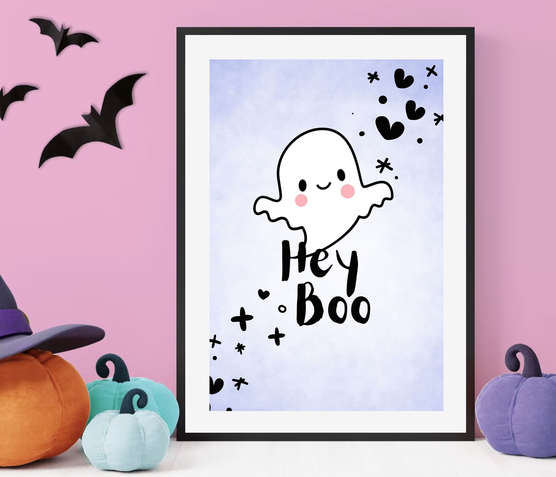 Hey Boo Cute Smiling Ghost Halloween Nursery Kids Bedroom Print - Image 2