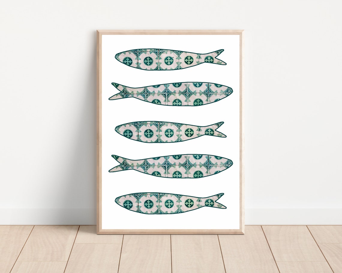 Green Boho Portugal Sardine Tile Poster Print