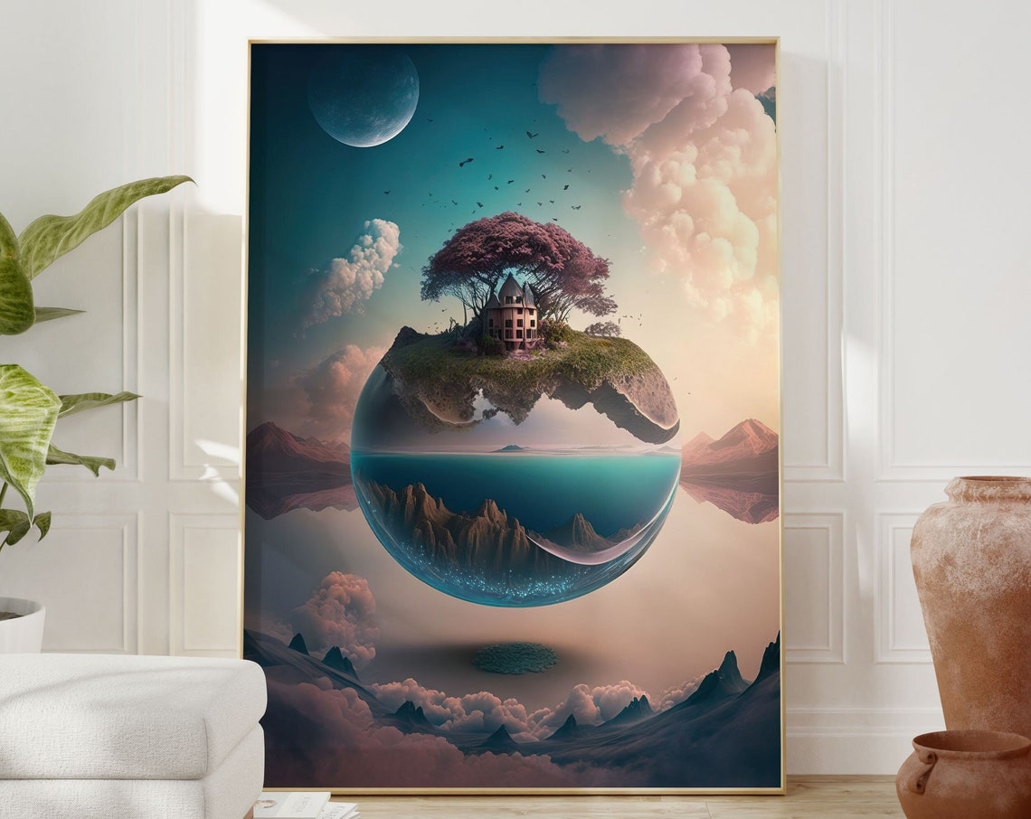 Surreal Floating Island Sphere With House Tree and Moon Poster - Image 2
