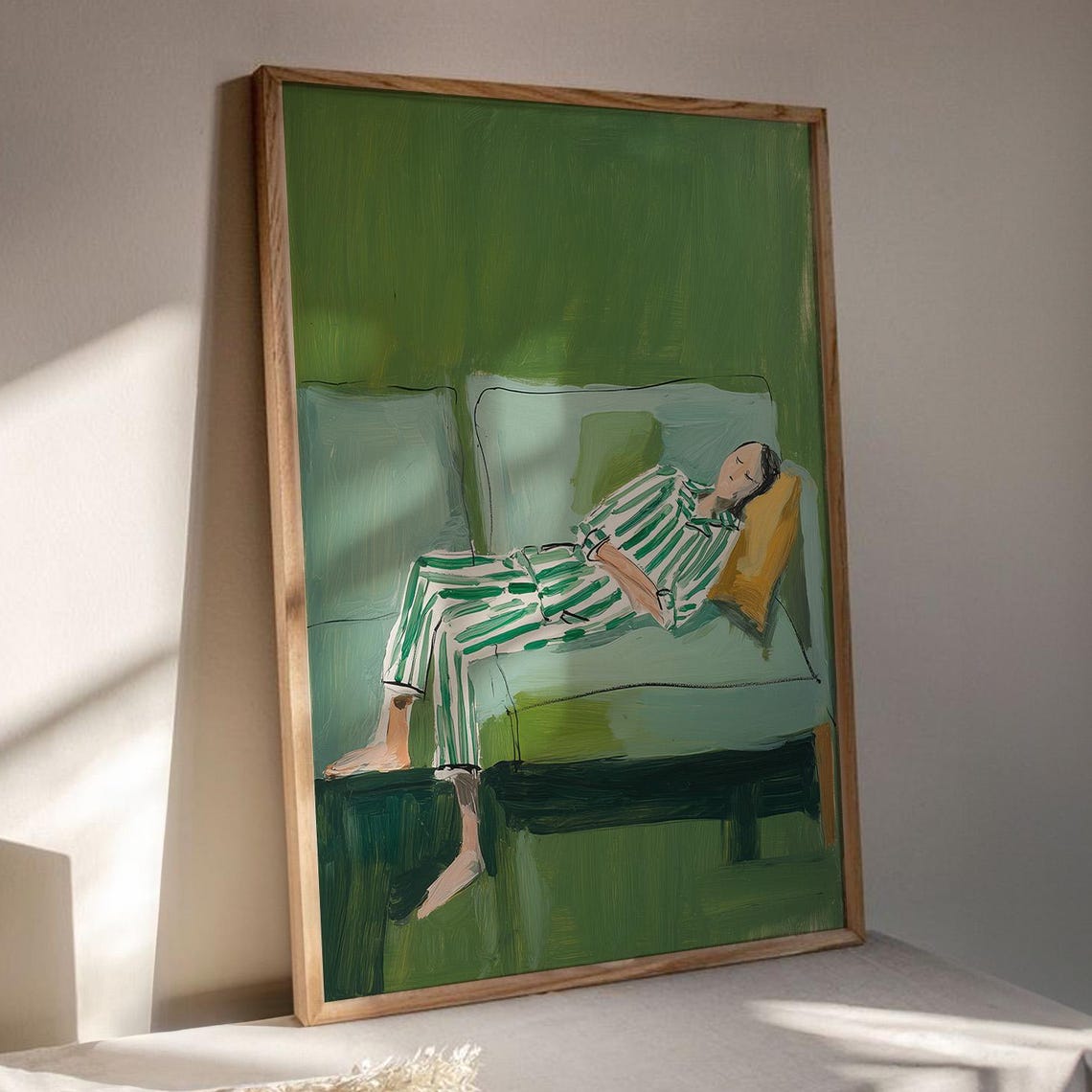 Emerald Green Sleeping Woman Striped Sofa Naive Style Wall Art